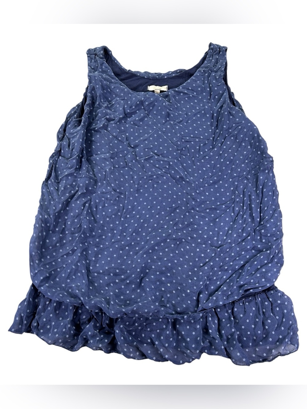 GIUSY Made in Italy 100% Silk Polka Dot Tank Blouse Women’s M Navy Ruffle Hem